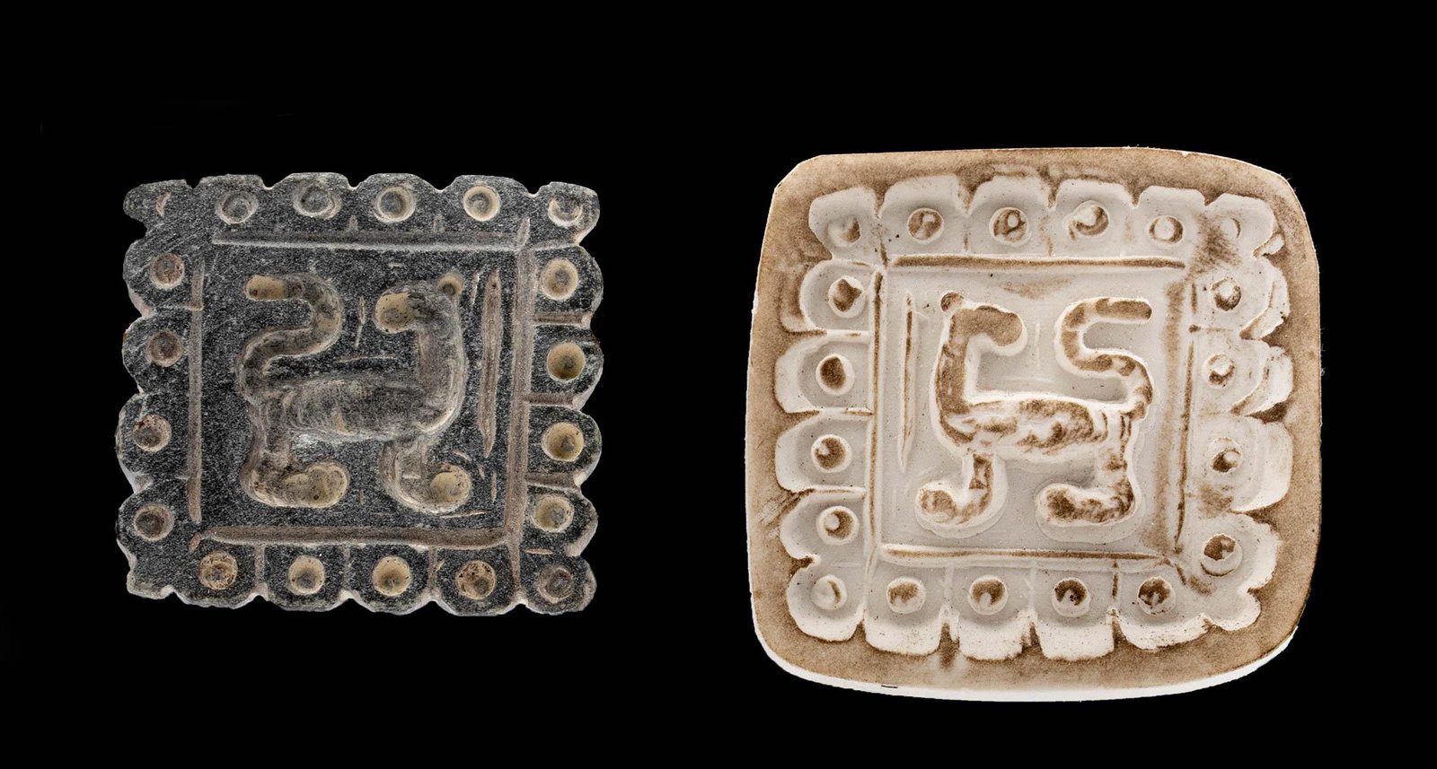 Bactrian Stone Stamp Seal with Feline: Ancient Central Asia, Bactria-Margiana (BMAC), ca. 2nd millennium BCE. A fine stamp seal carved from gray-green stone of a rectangular form bearing the image of a minimalist feline figure on the stamp