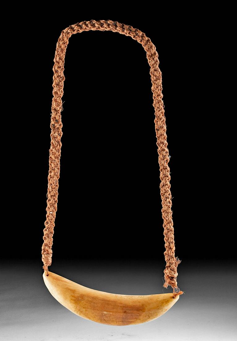 1940 Fiji Whale Tooth (Tabua) Scrimshaw Pendant & Cord: South Pacific, Fiji Islands, ca. 1940 CE. A polished sperm whale tooth known as a tabua with a woven cord made from sinnet attached to both tips of the tooth. The tooth is hand-carved with a name and 