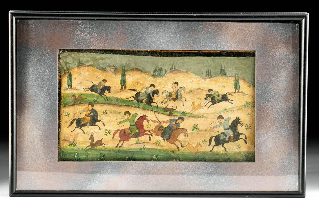 19th C. Persian Painting - 8 Hunters on Horseback: Near East, ca. 19th century CE. A wonderful Persian painting with a dramatic hunting theme. The action-packed composition includes eight hunters on horseback wielding bows and arrows, spears, and rope