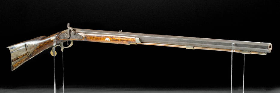 19th C. American Rifle Wood, Steel, Nacre Inlay - Leman: North America, United States, Pennsylvania, Lancaster, ca. 1850s CE. A fine muzzle-loading percussion rifle by H.E. Leman, made of wood, steel, and nacre shell inlays (mother of pearl). The gun