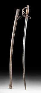 19th C. USA Civil War Era Steel & Wood Sword & Scabbard: North America, United States, ca. 1860s CE. A lengthy steel saber with a large guard and a steel scabbard. The blade is slightly curved with a single-edged design bearing a thick spine and a deep