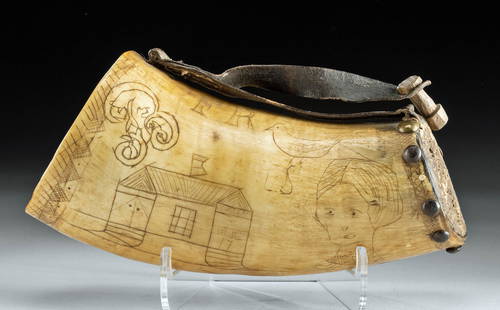 19th C. Scrimshaw Buffalo Powder Horn: North America, United States, ca. 19th century. A fascinating carved buffalo powder horn of a mottled creamy yellow, tan, and deep brown hues, tapered and capped with a wooden stopper on one end.