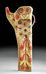 20th C. Sioux Leather & Fiber Embroidered Holster: Native American, Nebraska, Plains, Santee Sioux, ca. 20th century CE. A beautiful leather holster handsewn with porcupine quills. The impressive piece features an embroidered fiber floral motif in