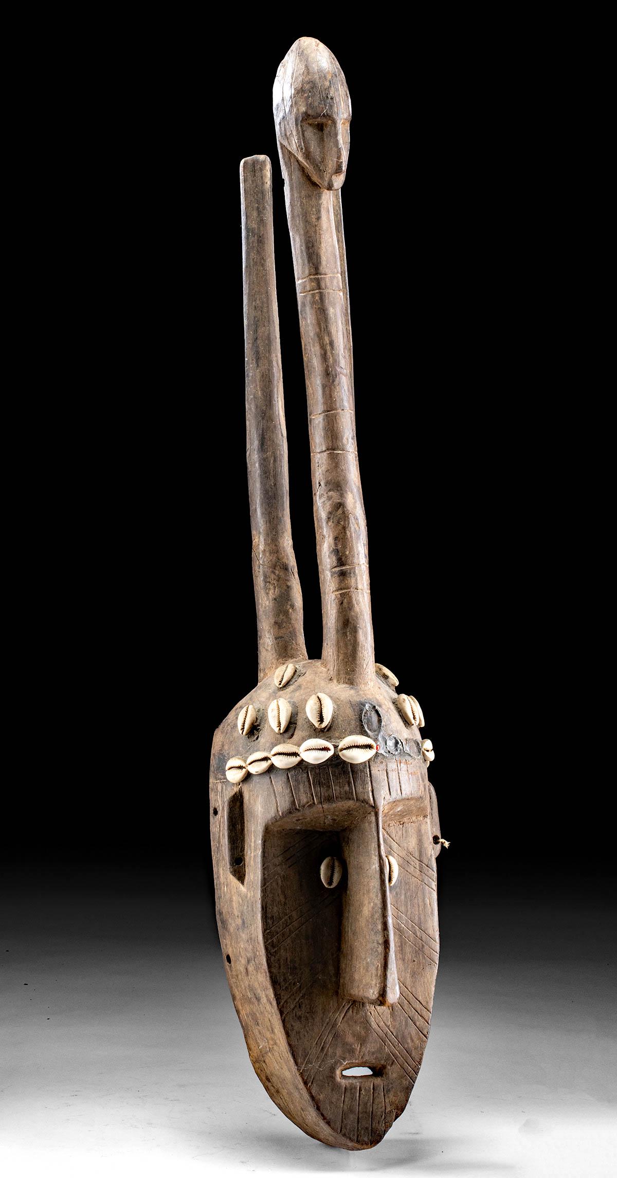 19th C. Mali Bamana Wood Ntomo Mask w/ Shells (1 of 3)