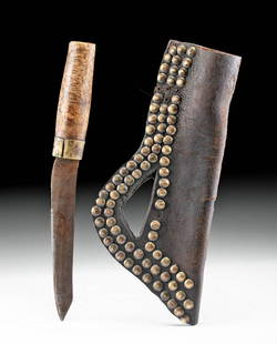 19th C. American Steel Knife w/ Leather Tacked Sheath: North America, Western United States, ca. mid to late 19th century CE. An impressive steel knife with a brass guard, wooden grip, and a tacked leather sheath. The knife features a narrow and slightly