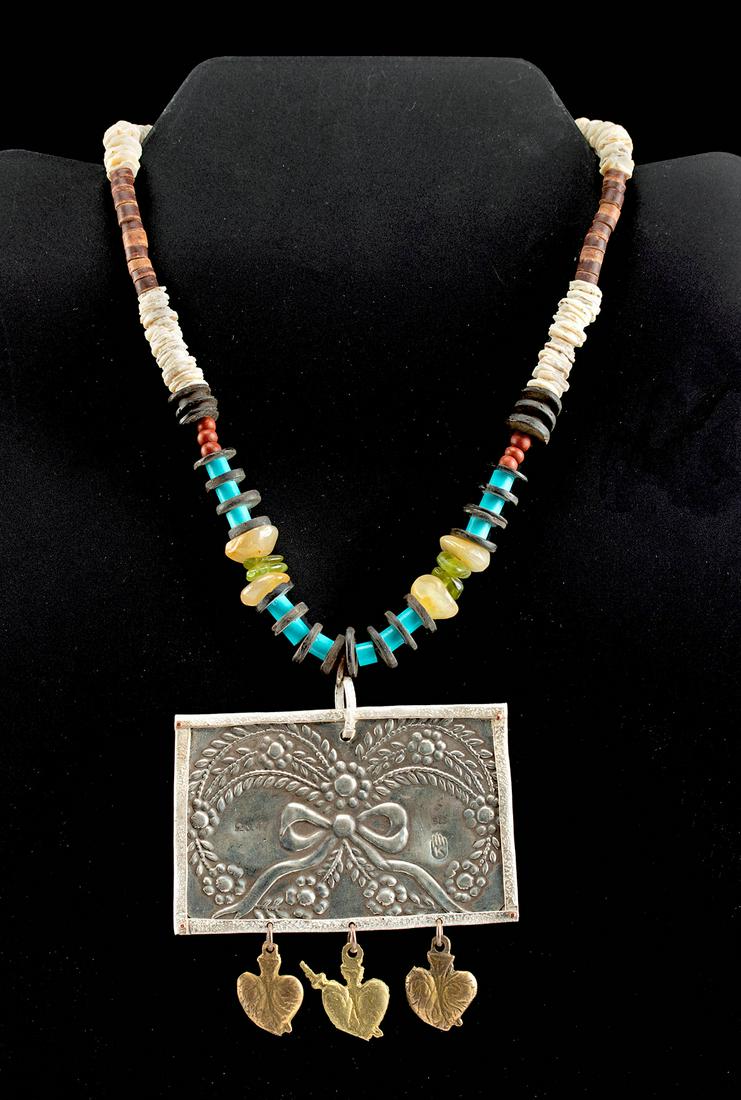 20th C. Mexican Stone Beads & Spratling Silver Pendant (1 of 5)