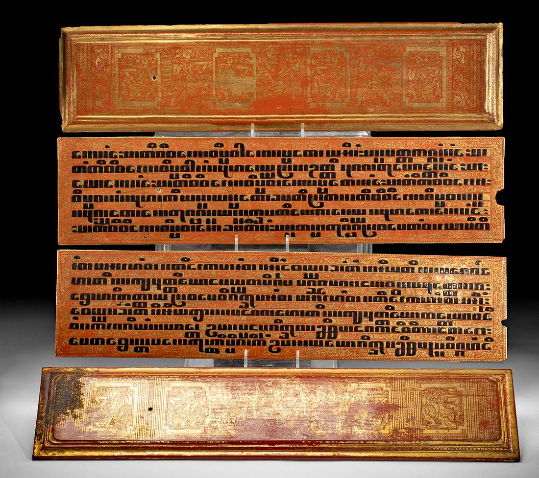 19th C. Burmese Gilded Wood Kammavaca Panels (4): Southeast Asia, Burma, Konbaung Dynasty, ca. 19th century CE. A striking ensemble of four rectangular Kammavaca panels, two of wood and two of lacquer with a textile interior, adorned with a lustrous 