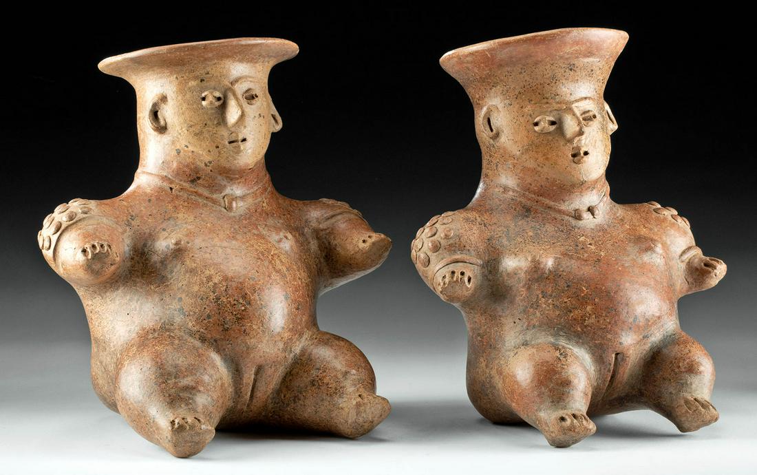 Colima Coahuayana Redware Female Effigies (pr): Pre-Columbian, West Mexico, Colima, Coahuayana Valley type, Protoclassic Period, ca. 100 BCE to 250 CE. A fine pair of nearly identical female effigy vessels that are hollow-built from redware pottery