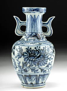 19th C. Chinese Qing Dynasty Porcelain Vase Florals: East Asia, China, late Qing Dynasty to early Republic Period, ca. late 19th to early 20th century CE. A fine glazed porcelain vase bearing fine blue decorations atop the soft white ground. The vessel