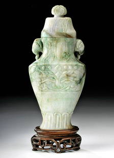 Late 18th C. Chinese Qing Jade Lidded Vase: East Asia, China, Qing Dynasty, ca. 18th to 19th century CE. An exquisite lidded vase, finely carved from jadeite of beautiful verdant hues ranging from nearly white to seafoam and emerald green with