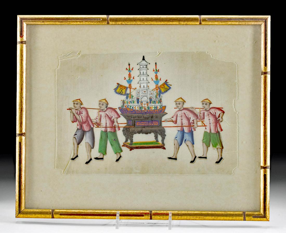 Framed Chinese Qing Dynasty Painting on Pith Paper: East Asia, China, Qing Dynasty, 19th century. Finely painted on pith paper, this luminous watercolor composition presents a festive procession scene with four figures carrying a model of a temple with