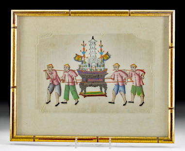 Framed Chinese Qing Dynasty Painting on Pith Paper: East Asia, China, Qing Dynasty, 19th century. Finely painted on pith paper, this luminous watercolor composition presents a festive procession scene with four figures carrying a model of a temple