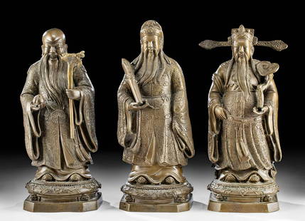 Three 19th C. Chinese Brass Figures of Star Deities: East Asia, China, late Qing Dynasty to Republic Period, late 19th to early 20th century. A wonderful ensemble of sizeable brass figures representing the "Three Star Deities" including Good Fortune