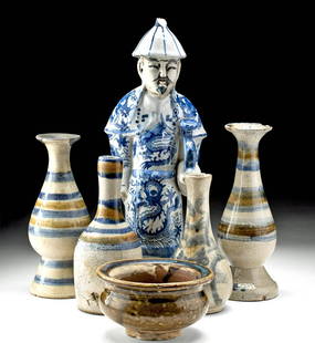 Lot of 6 Chinese Qing Polychrome Vessels & Figure: East Asia, China, late Qing Dynasty to early Republic period, ca. 1890 to 1920 CE. An ensemble of six hand-built porcelain creations covered in layers of lustrous glaze. First are two footed piriform