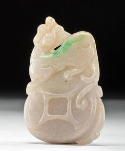 Chinese Qing Nephrite Jade Amulet Dragon on Coin: East Asia, China, later Qing Dynasty, ca. mid-19th to early 20th century CE. A beautiful amulet, hand-carved from mottled white nephrite jade with emerald-green inclusions, that depicts a petite