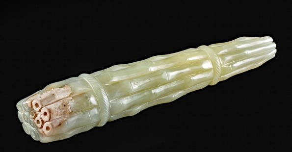 19th C. Chinese Qing Greenstone 14 Bamboo Stalks: East Asia, China, late Qing Dynasty to mid Republic Period, ca. 19th to 20th century CE. An interesting carving of bamboo stalks made from a light greenstone. The bundle consists of 14 shoots that