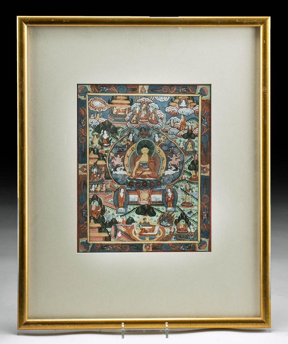 Early 20th C. Tibetan Thangka - Life of Buddha: Central Asia, Tibet, ca. early 20th century CE. This thangka features the manushi buddha Shakyamuni with his hands in the Bhumisparsha mudra and holding a treasure pot to convey the idea of satisfying