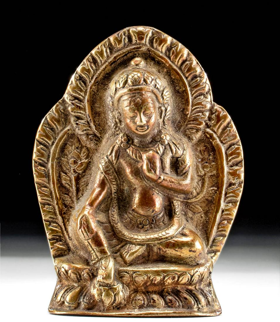 19th C. Tibetan Brass Deity: Central Asia, Tibet, ca. 19th to 20th century CE. A cast-brass sculpture of the Buddhist Tara, the feminine counterpart of the bodhisattva Avalokiteshvara, seated in the lalitasana pose (with one leg 