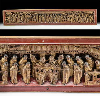 19th C. Chinese Qing Gilt Wood Panel of Imperial Scene: East Asia, China, Qing dynasty, ca. late 19th century CE. A magnificent hand-carved wood panel of rectangular form depicting a densely decorated scene of an imperial procession in high relief