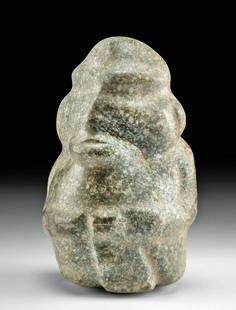 Large Guerrero Mezcala Greenstone Axe God: Pre-Columbian, Mexico, Guerrero region, Mezcala culture, ca. 500 to 200 BCE. A fine abstract anthropomorphic axe god figure of a rotund form, hand-carved from mottled greenstone with light and dark