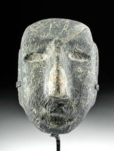 Striking Guerrero Chontal Stone Mask Amazing Veining!: Pre-Columbian, Central Mexico, Guerrero region, Chontal, Late Preclassic period, ca. 300 to 100 BCE. A gorgeous face mask of an oblong form, hand-carved from an attractive stone of deep grey-green