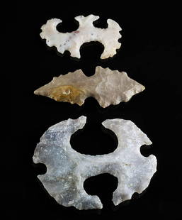 Lot of 3 Maya Eccentric Flints: Pre-Columbian, Belize, Preclassic Maya Period, ca. 250 BCE to 250 CE. A trio of curiously shaped chert flints fittingly known as "eccentric flints" in highly abstracted zoomorphic forms. The largest