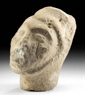 Maya Stone Effigy Head in Jaguar Mask: Pre-Columbian, southern Mexico, Chiapas region, Izapa Ruins, Maya culture, late Preclassic period, ca. 100 BCE to 100 CE. A stunning hand-carved zoomorphic stone head of a person wearing a jaguar