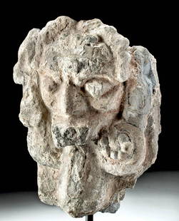 Rare Maya Stucco Stone Wind Deity, Ex Denver Museum: Pre-Columbian, Southern Mexico, Campeche or Chiapas, Mayan Territories, Classic Period, ca. 400 to 900 CE. A hand carved anthropomorphic stone and stucco head of the Maya wind deity, Ik' K'uh,