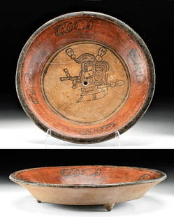 Maya Pottery Bowl Skull in Tondo, Kill Hole: Pre-Columbian, Late Classic Maya, ca. 550 to 900 CE. An incredible terracotta plate, richly decorated, with a "kill hole" in tondo. The iconography of the bowl is centered on a skull in tondo, with