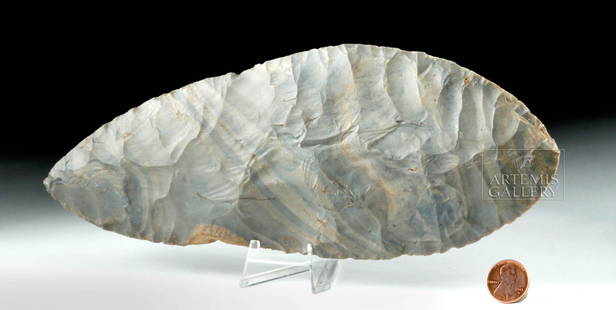 Large Maya Chert Blade: Pre-Columbian, Mexico and northern Central America, Maya Territories, Late Classic, ca. 550 to 900 CE. Knapped from a large, gorgeous piece of banded grey chert, this is a large blade made for use in