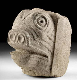 Maya Campeche / Chiapas Stone Zoomorphic Head: Pre-Columbian, Southern Mexico, Campeche or Chiapas, Maya Territories, Classic Period, ca. 400 to 900 CE. An intriguing zoomorphic visage hand-carved from stone bearing an expression of fear or