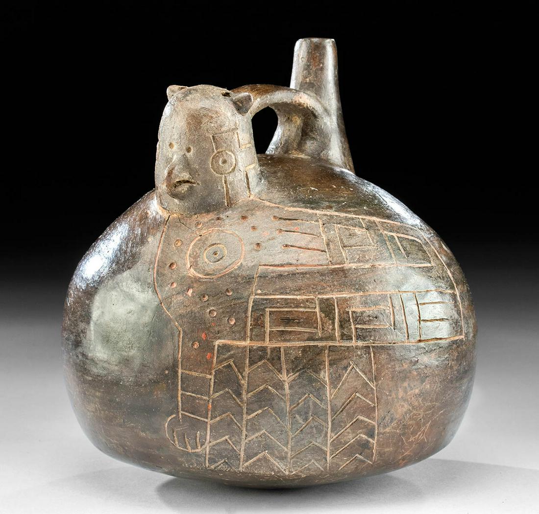 Paracas Pottery Stirrup Vessel w/ Incised Falcon (1 of 4)