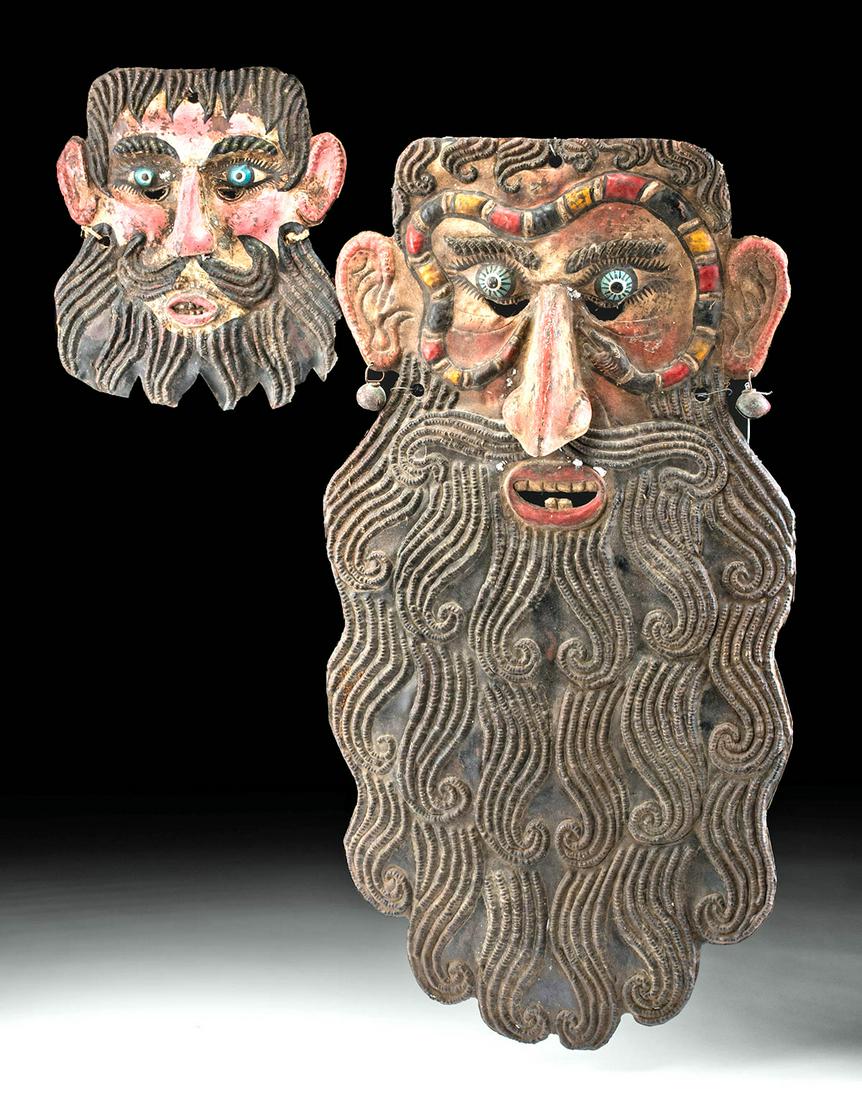 20th C. Mexican Guerrero Painted Copper Masks (pr): Latin America, southern Mexico, Guerrero region, ca. early 20th century CE. A dramatic pair of dance masks comprised of hammered sheets of copper with prominent noses on the front and protruding bite