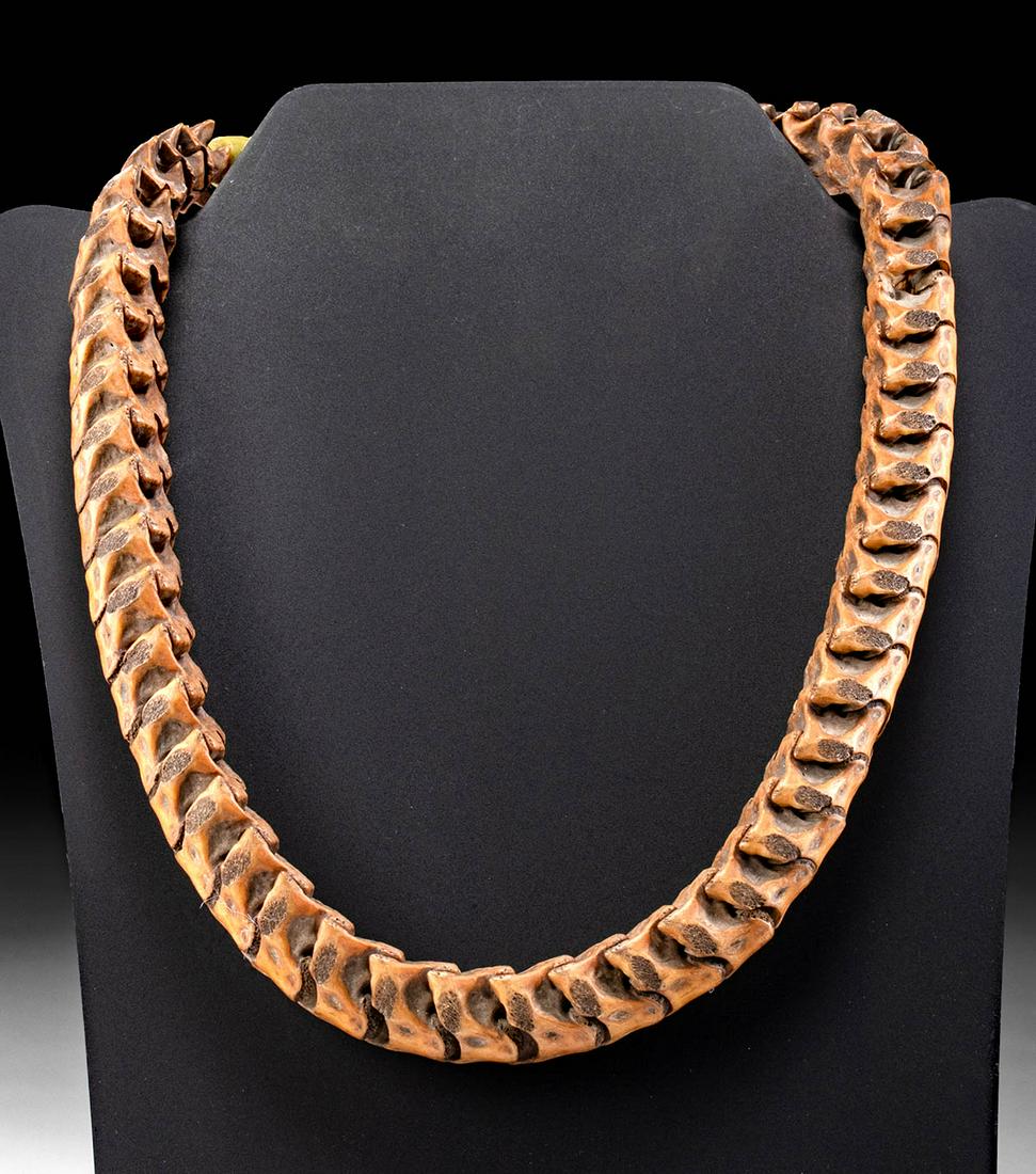 20th C. African Yoruba Snake Vertebra Diviner Necklace: West Africa, Nigeria, Yoruba, ca. early to mid 20th century CE. An intriguing necklace composed of 44 interlocking snake vertebrae and 10 yellow glass barrel beads that are strung together with length
