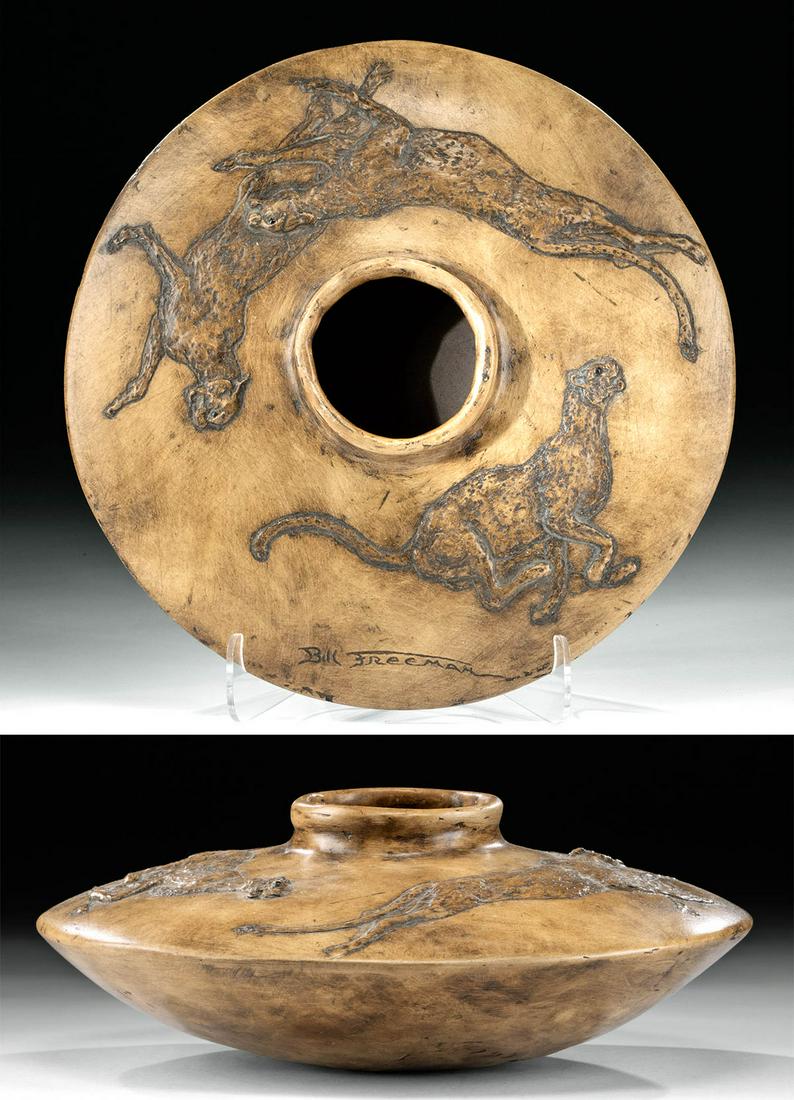 Signed 20th C. Pottery Vessel Bobcats, Bill Freeman (1 of 5)