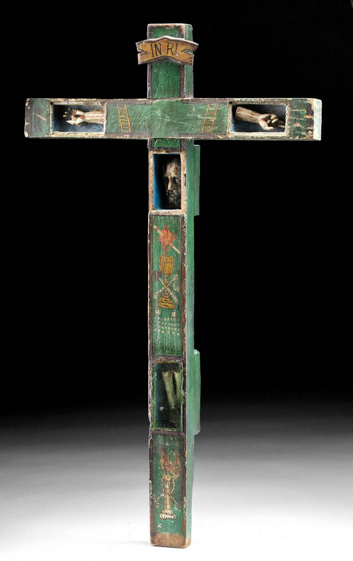 19th C. Mexican Painted Wood Cross Christ, Rooster (1 of 3)