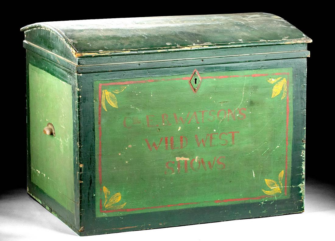 20th C. Painted Wood Trunk Watson's Wild West Show: North America, United States, ca. early to mid 20th century CE. A large wooden storage trunk with iron handles, hinges, and a lock. While this trunk is painted with "Col. EB Watson's Wild West Show" w