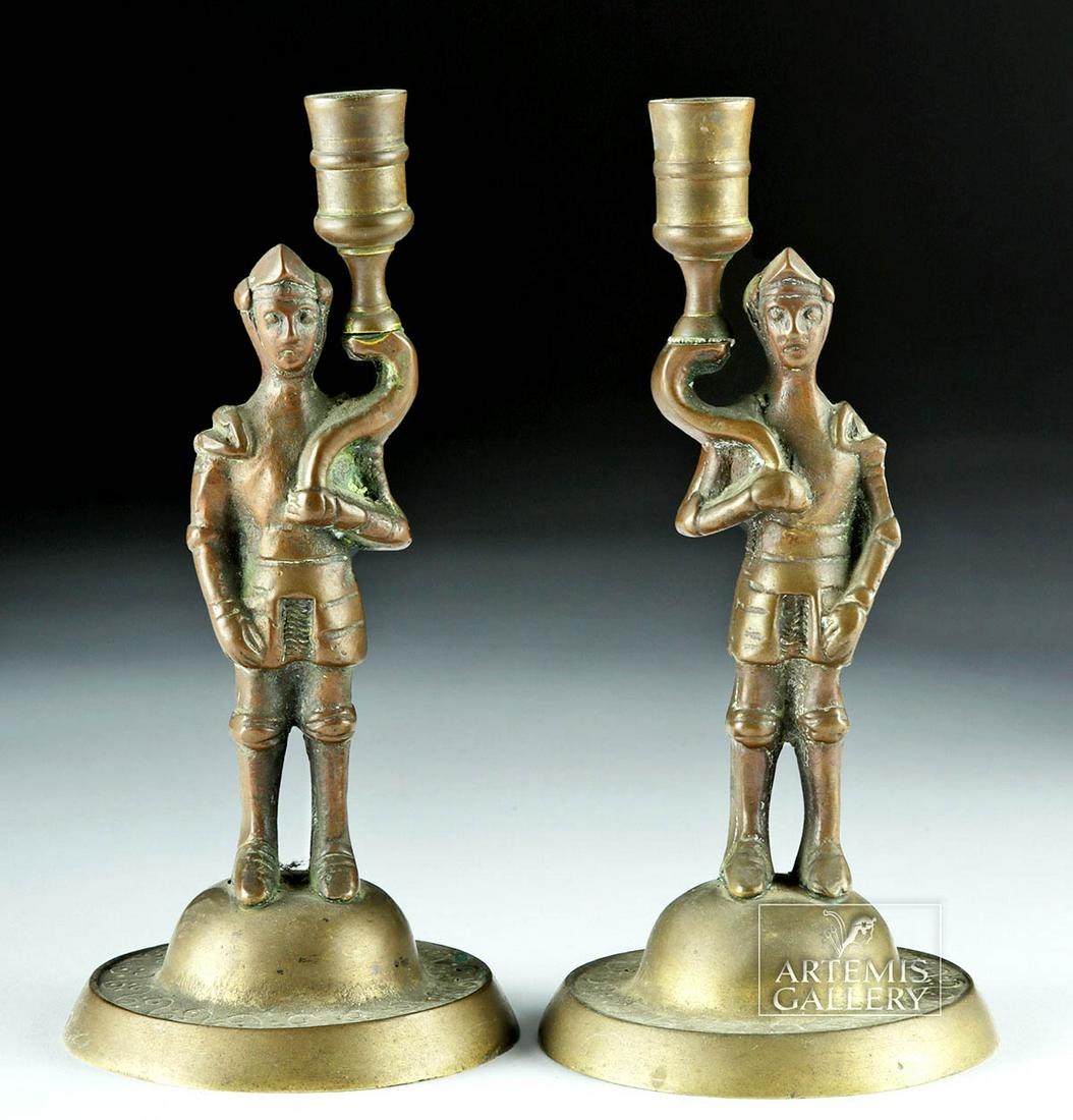 20th C. European Brass Candlesticks w/ Knights (pr) (1 of 4)