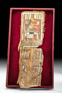 Egyptian Late Dynastic Cartonnage Panel - Anubis: Egypt, Late Dynastic Period, 29th to 30th Dynasty, ca. 398 to 343 BCE. A remarkable cartonnage panel of rectangular form adorned with painted gesso in hues of teal, crimson, beige, yellow ochre, black