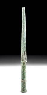 Greek Bronze Spear Butt / Sauroter: Ancient Greece, late Archaic Period, ca. 500 BCE. A fantastic example of a cast-bronze butt known as a sauroter for the end of a spear handle. The butt has a cylindrical socket with four nodules that