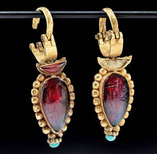 Published Greek Gold Earrings w/ Garnet & Turquoise: Greece, Hellenistic Period, ca. 2nd to 1st century BCE. A dazzling pair of wearable 77% (equivalent to greater than 18K+) gold earrings with lovely inlays of translucent garnet in a rich hue of dark