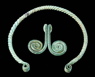 Ancient Scythian Bronze Armband + Buckle: Western Asia, Scythian culture, ca. 5th to 4th century BCE. A gorgeous pair of cast-bronze adornments from ancient Luristan; a wearable armband and a still-functioning buckle hook. Formed from a