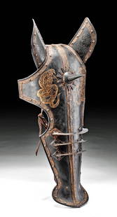 19th C. Indo-Persian Iron / Brass Chanfron Armor: Central Asia, Indo-Persian, ca. 19th to early 20th century CE. An amazing piece of ornamental armor for a noble steed's head known as a chanfron. The armor is comprised of a curved iron plate that