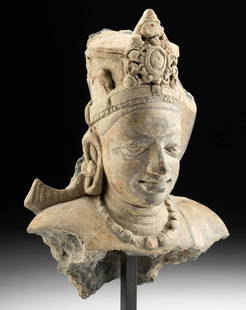 3rd C. Indian Kushan Bust of Vishnu: South Asia, Northwestern India, Kushan Empire, ca. 3rd to 4th century CE. A Kushan terracotta bust of Vishnu, one of the principal deities of Hinduism, known as the preserver in the Hindu trinity