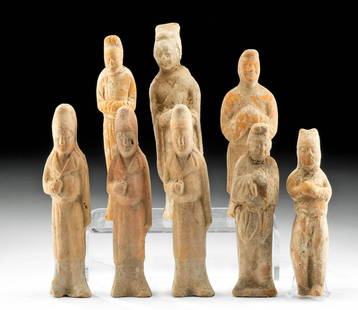 Chinese Han Dynasty Pottery Attendant Figures (8): East Asia, China, Han dynasty, ca. 206 BCE to 220 CE. A wonderful ensemble of eight mold-made pottery attendant figures known as mingqi, or "spirit utensil", created to care for a deceased individual