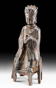 14th C. Chinese Ming Dynasty Iron Seated Bodhisattva: East Asia, China, Ming Dynasty, ca. 1368 to 1644 CE. A beautiful cast iron Bodhisattva figure seated on an integral pedestal with 6 legs. This Bodhisattva is dressed in traditional garb - long,