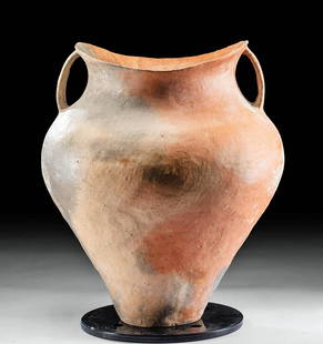 Neolithic Chinese Siwa Pottery Saddle Mouth Jar TL'd: East Asia, China, southeast Gonsu, Neolithic, Siwa culture, ca. 17th to 4th century BCE. An enormous and exemplary handmade pottery jar featuring a narrow, circular base and impressively thin walls