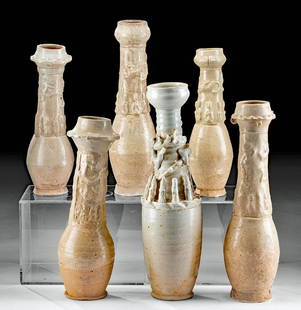 Group of 6 Chinese Song Pottery Qingbai Vessels, TL'd: East Asia, China, Song Dynasty, ca. 960 to 1279 CE. A lovely collection of 6 stoneware vessels known as Qingbai. Each is formed with a ring foot, an egg-shaped or piriform body, and a tall neck. The