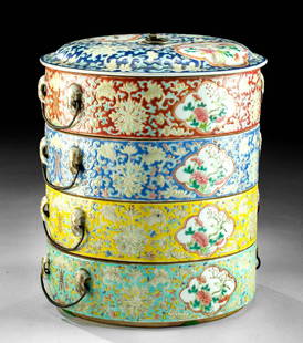 19th C. Chinese Qing Polychrome 4 Tiered Tingkat Vessel: East Asia, China, Qing Dynasty, ca. 19th century CE. A beautiful stacking porcelain container known as a tingkat or tiffin. The tiers are comprised of four separate bowls with short walls and flat