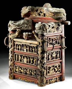 19th C. Chinese Qing Dynasty Gilt Wood Throne for Altar: East Asia, China, Qing Dynasty, ca. 19th century CE. A lovely carved wood throne with gilding and painted red hues! This is a miniature throne that likely held a deity or temple figure during